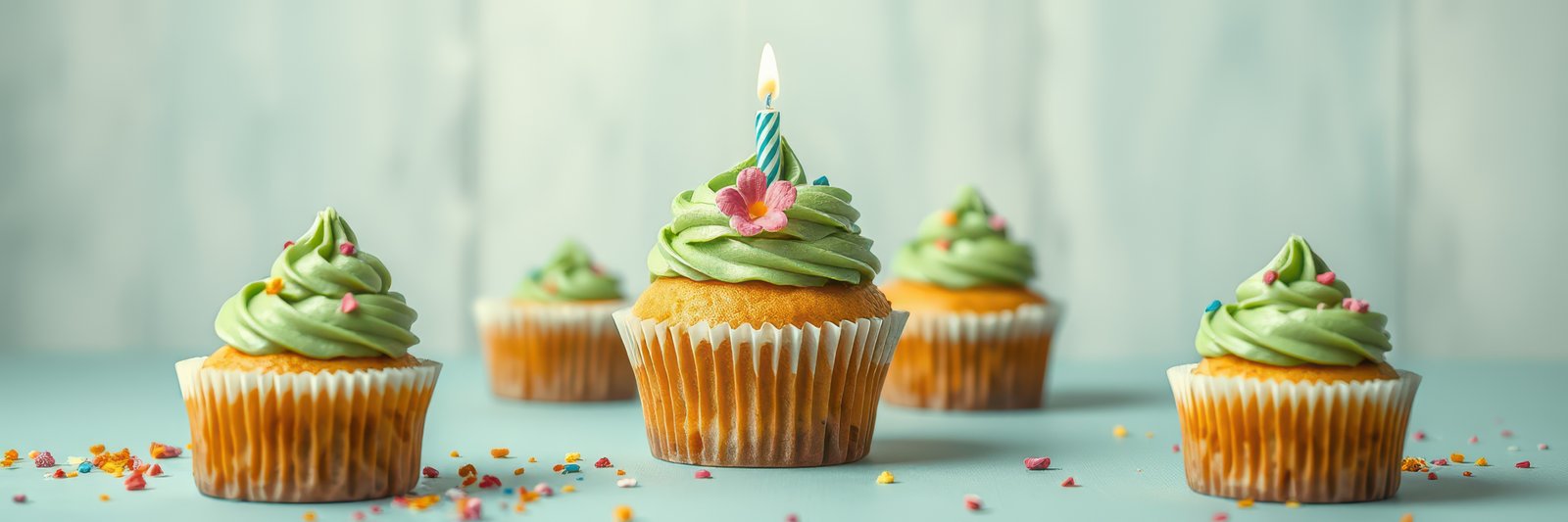 Festive cupcakes with green frosting and colorful sprinkles on a light blue background